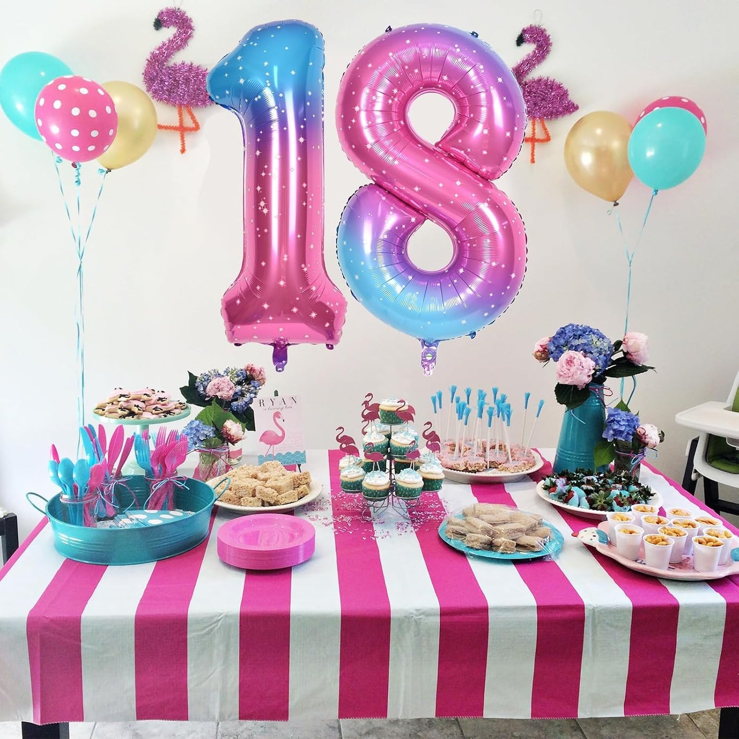 Skiennix 40'' Rainbow Number 7 Balloon - Giant Self-Inflating Gradient Blue & Pink Foil for 7th Birthday Party Decorations