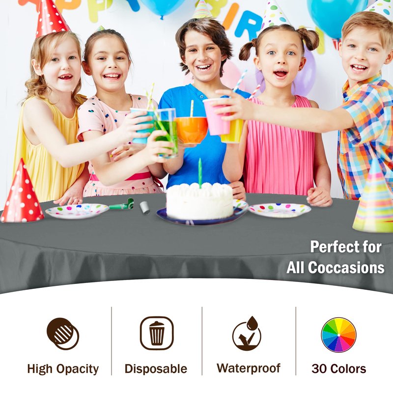 Party Solids Pack Of 6 Premium Plastic Tablecloth 84 Inch Round Plastic Table Cover - Silver