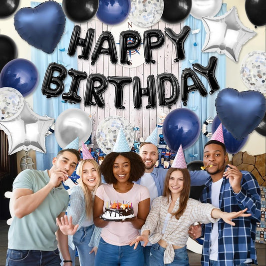 Navy Blue and Black Birthday Decorations for Men,Blue Black White Balloons Happy Birthdays Balloon Banner Silver Confetti Balloons for Men Boy Girls Women Adults Birthday Party Decorations