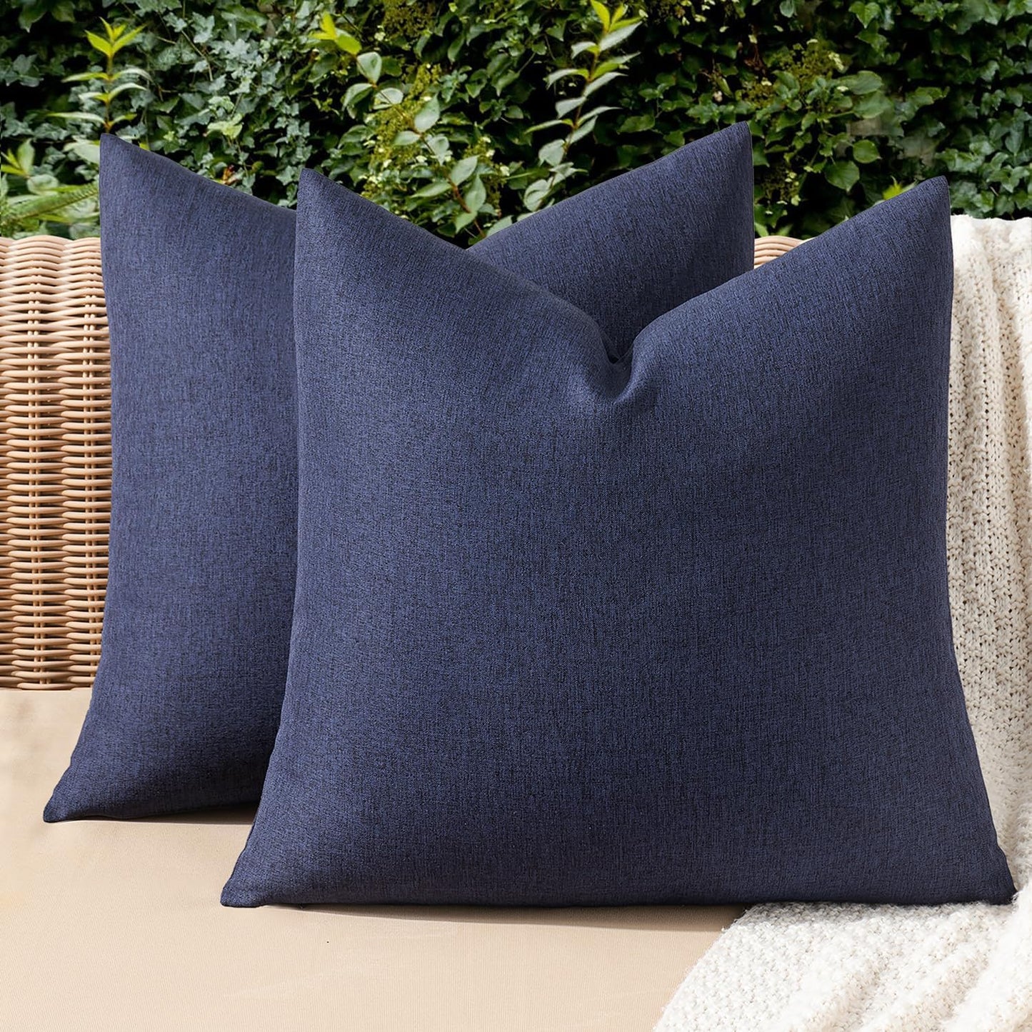 MIULEE Decorative Outdoor Throw Pillow Covers - Waterproof Faux Linen Cushion Cases | 26x26 Inch Navy (Pack of 2)
