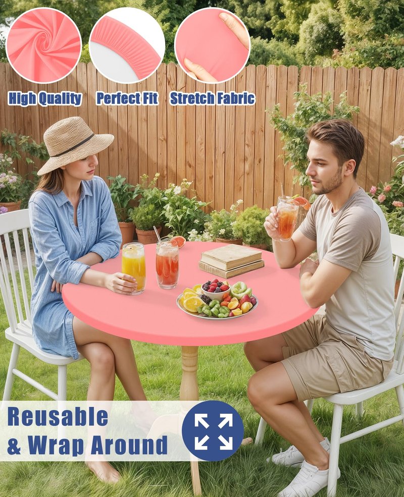 Moosfor Round Spandex Tablecloth, Elastic Fitted Waterproof Tablecloths for 31"-35" Tables, Stretch Washable Picnic Table Cover for Camping, Dining, Indoor and Outdoor,Coral Red