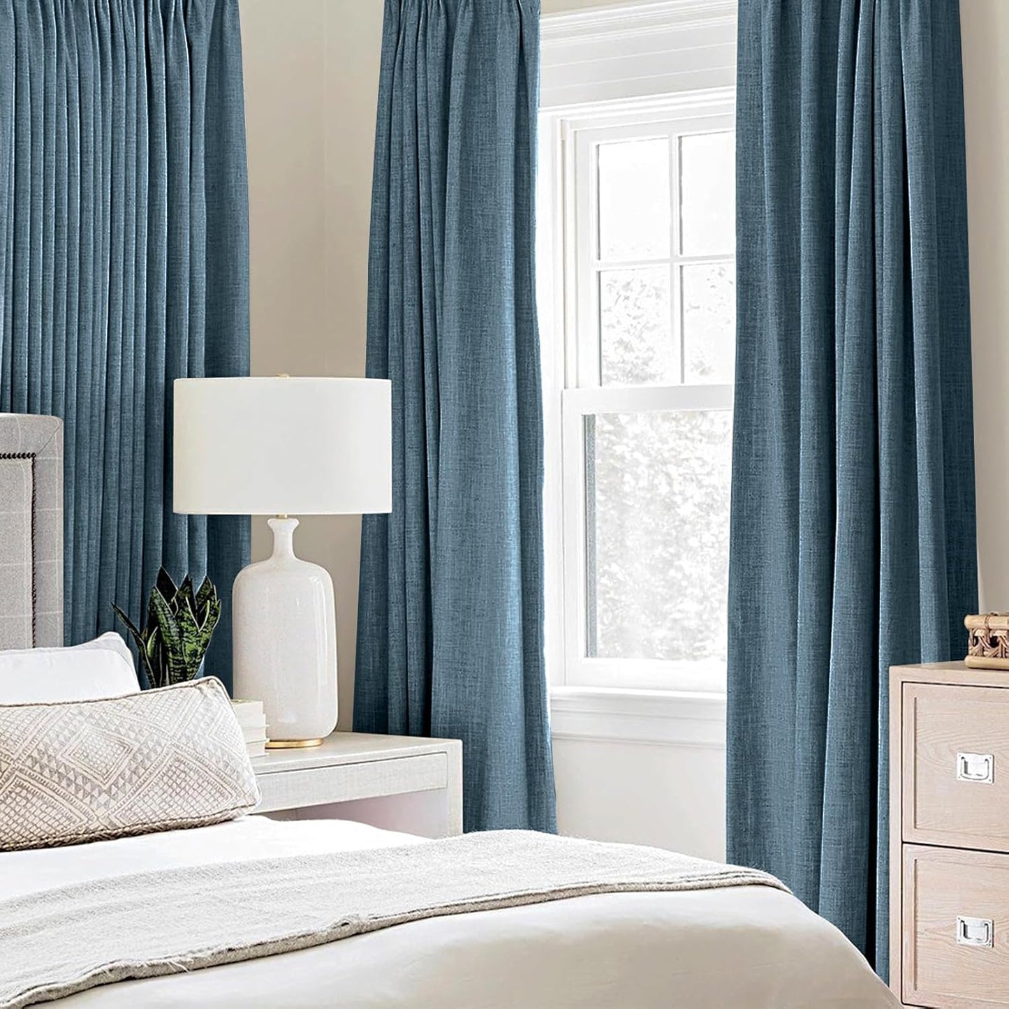 MIULEE Linen Blackout Curtains - 100% Room Darkening Thermal Insulated Grommet Panels | 42" x 90" Dusty Blue (2 PCs)
