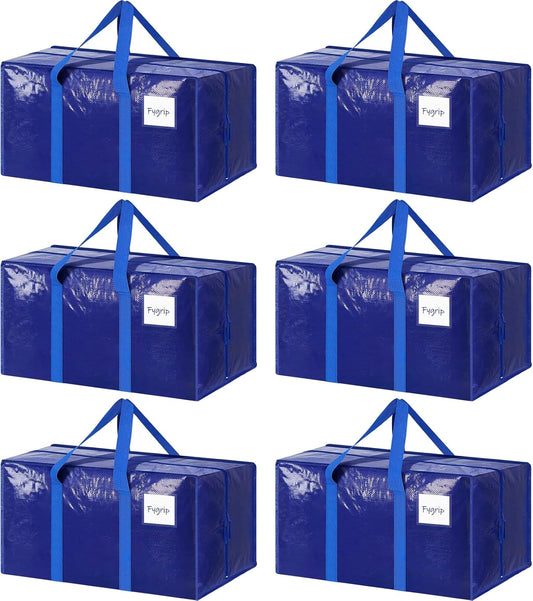 Regine Switzerland 6-Pack Extra Heavy Duty Moving Bags - Strong Zipper & Comfortable Handles, Durable Storage Totes in Blue