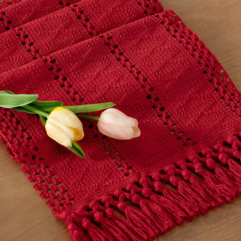 Socomi Boho Table Runner Macrame Long Summer Farmhouse Woven Cotton Linen Rustic Coffee Table Runner with Tassels for Dresser Scarf Home Decor Dining Room 12x108 in Red