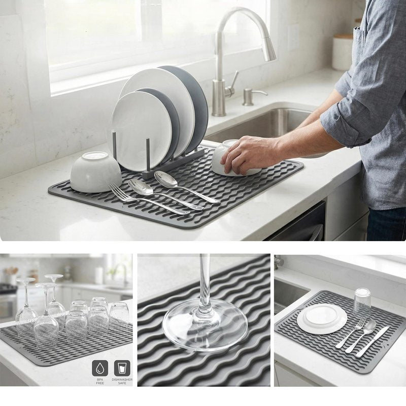 MicoYang Silicone Dish Drying Mat for Kitchen Counter or Sink, Refrigerator or Drawer Liner, Easy Clean, Eco-Friendly, Heat-Resistant, Grey, 16 inches x 12 inches