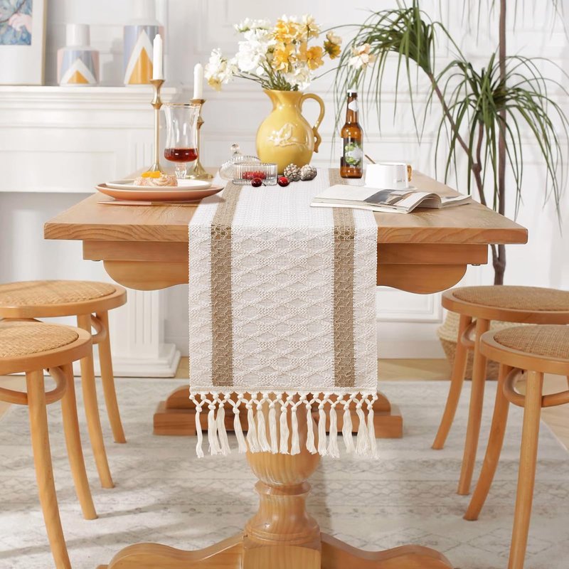 OTOSTAR Boho Table Runner with Tassels 108 Inches Long Farmhouse Rustic Table Runner Macrame Burlap Table Decoration for Home Decor Living Room Bridal Shower, Double Striped (12x108 Inches)