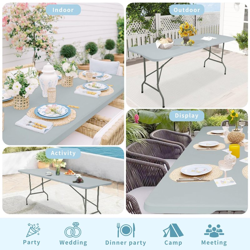 Set of 2 Folding Table 6 FT Lightweight Camping Table Portable Plastic Rectangular Outdoor Dining Table Steel Legs Fold-in-Half with Carrying Handle for Indoor,Picnic,Party,Wedding,Events(White)