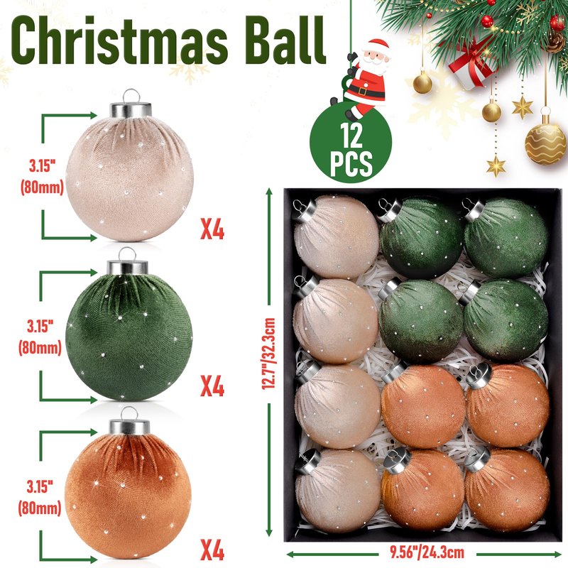 TonJin Christmas Tree Ornaments Velvet Balls 12 Pack, 3.15"/80mm Glitter Shatterproof Hanging Flocked Large Xmas Bulbs Decorations, Lightweight,Green Burnt Orange Neutral Holiday Party Home Decor
