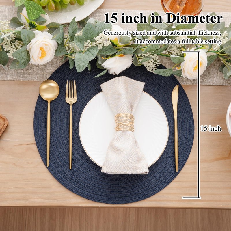 SHACOS Round Placemats Set of 4 Washable 15 inch Round Table Mats Cotton Polyester Woven Braided Place Mats for Dining Table, Navy
