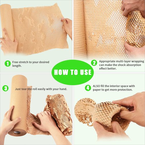Honeycomb Packing Paper, MINHAO 15"x230' Eco Friendly Packing Paper for Moving Recyclable Honeycomb Paper Moving Supplies Bubble Paper Wrapping Protective Roll, With 36 Fragile Sticker Labels