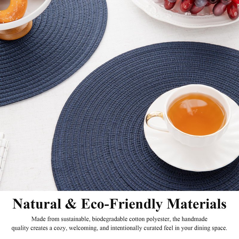 SHACOS Round Placemats Set of 4 Washable 15 inch Round Table Mats Cotton Polyester Woven Braided Place Mats for Dining Table, Navy