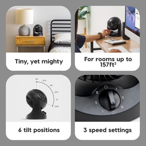 IRIS USA WOOZOO Mini Desk Fan - Quiet Air Circulator with 3 Speeds & 112° Tilt - Black, 32ft Air Distance