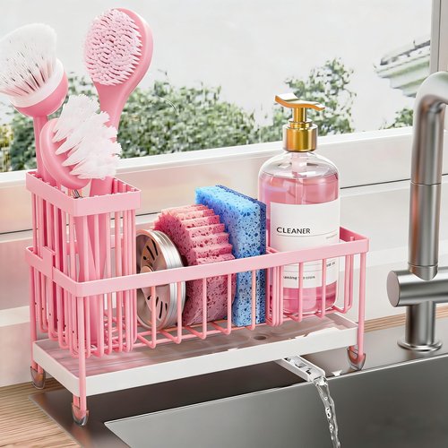 Cisily Sponge Holder for Kitchen Sink, Sink Caddy Organizer with High Brush Holder, Kitchen Countertop Organizers and Storage Essentials, Rustproof 304 Stainless Steel (Pink, 9.25″)