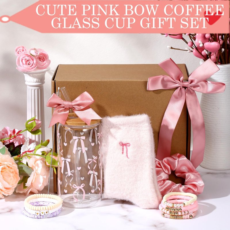 Remerry 14 Pcs Coquette Pink Bow Birthday Gift for Women Happy Birthday Gift Box for Teen Daughter Her Sister, Pink Bow Gifts Basket Set with Coquette Glass Cup for Teacher Teen Girls Friends Female