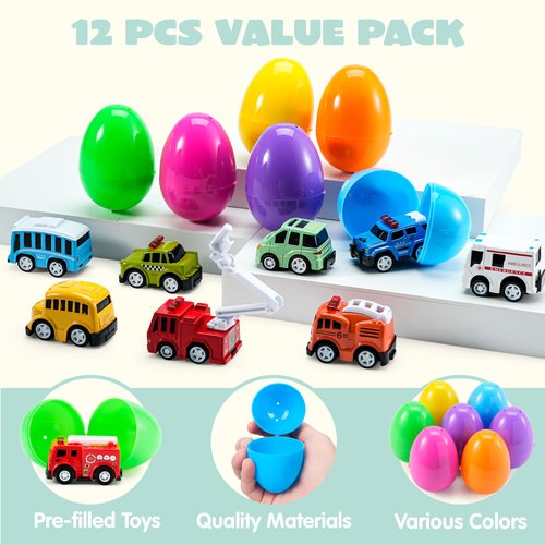 JOYIN 12 Pcs Prefilled Easter Eggs with Toys, Plastic Eggs with Cute Pull Back Cars, Easter Basket Stuffers, Party Favors for Kids, Classroom Prize Supplies
