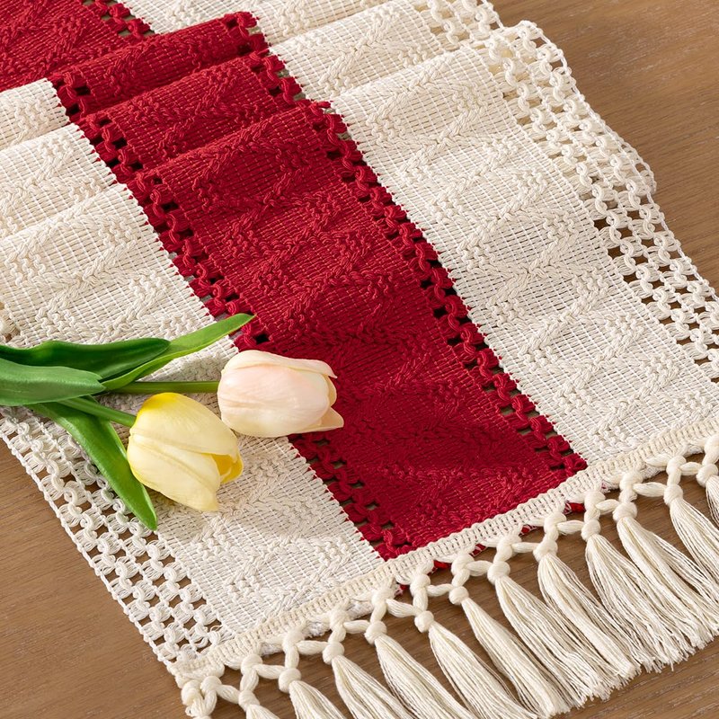 Socomi Boho Table Runner Easter Spring Farmhouse Rustic Dining Kitchen Centerpiece Decor Small Macrame Woven Cotton Linen Coffee Table Runner for Dresser Scarf Home Decor 12x72 in Red Ivory