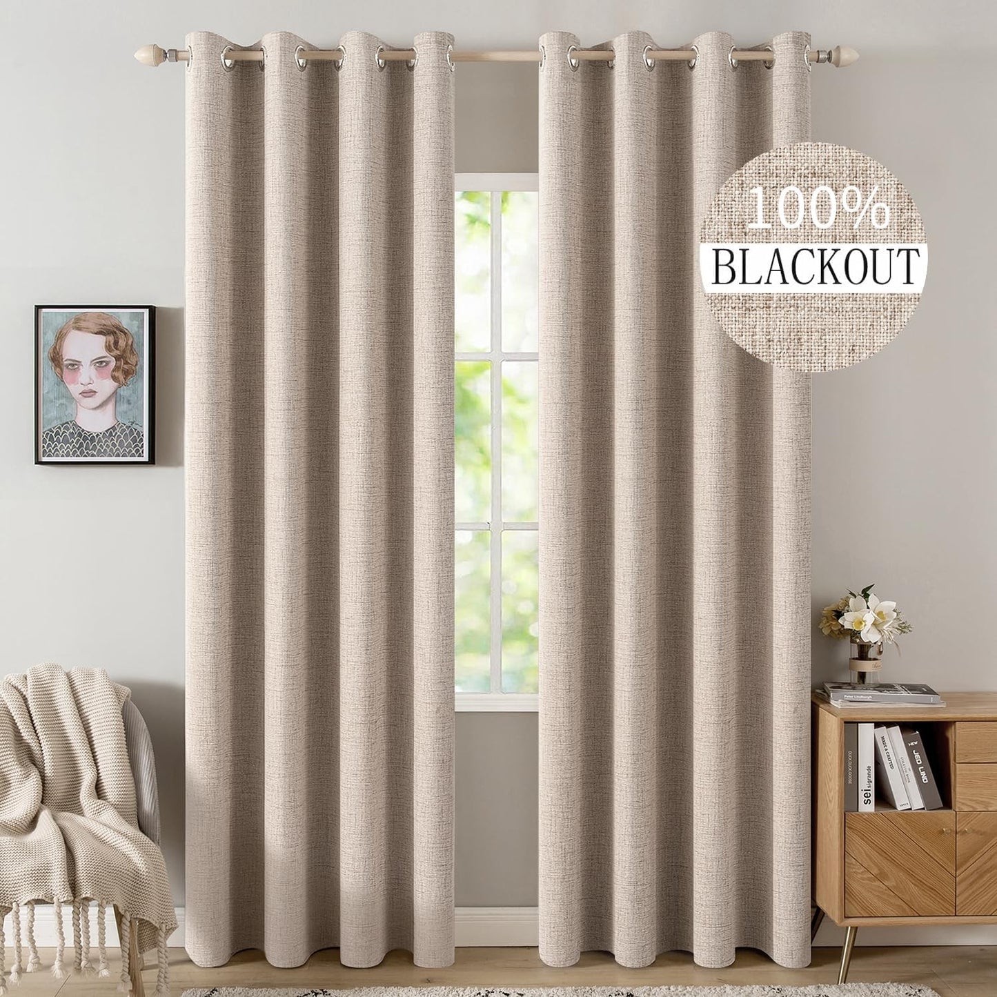 MIULEE 90-Inch Linen Textured Blackout Curtains - Thermal Insulated Natural Beige Drapes | 52 x 90 Inch (2 Panels)