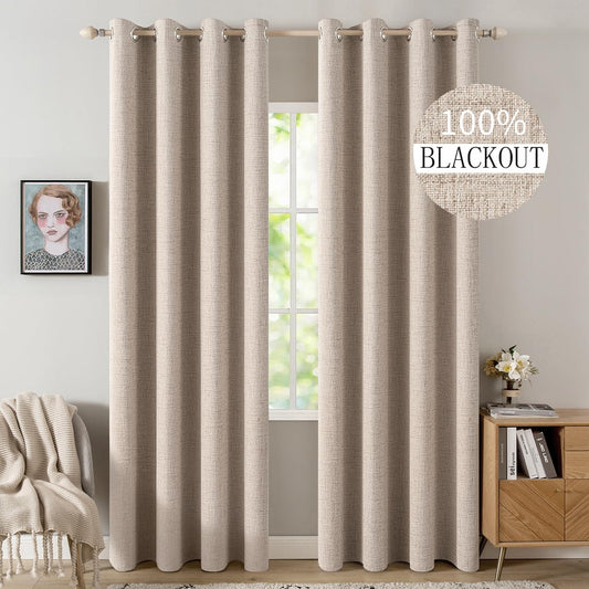 MIULEE 90-Inch Linen Textured Blackout Curtains - Thermal Insulated Natural Beige Drapes | Luxury Room Darkening for Bedroom & Living Room (2 Panels)