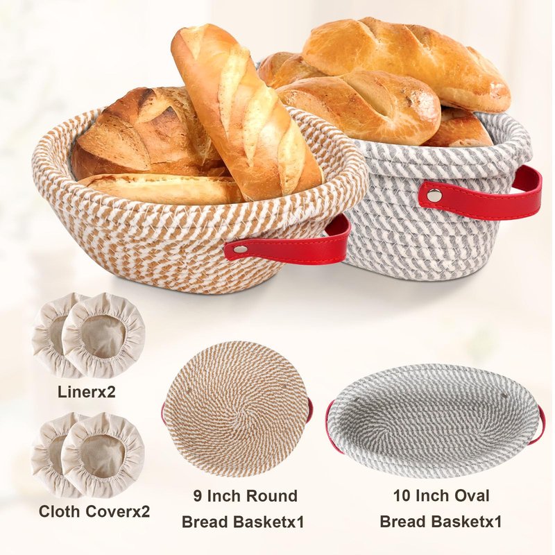 zunmial Banneton Bread Proofing Basket,9/10inch Round & Oval Cotton Rope Sourdough Proofing Basket with Liners & Covers,for Bread Making Baking Fermentation (2 Pack)