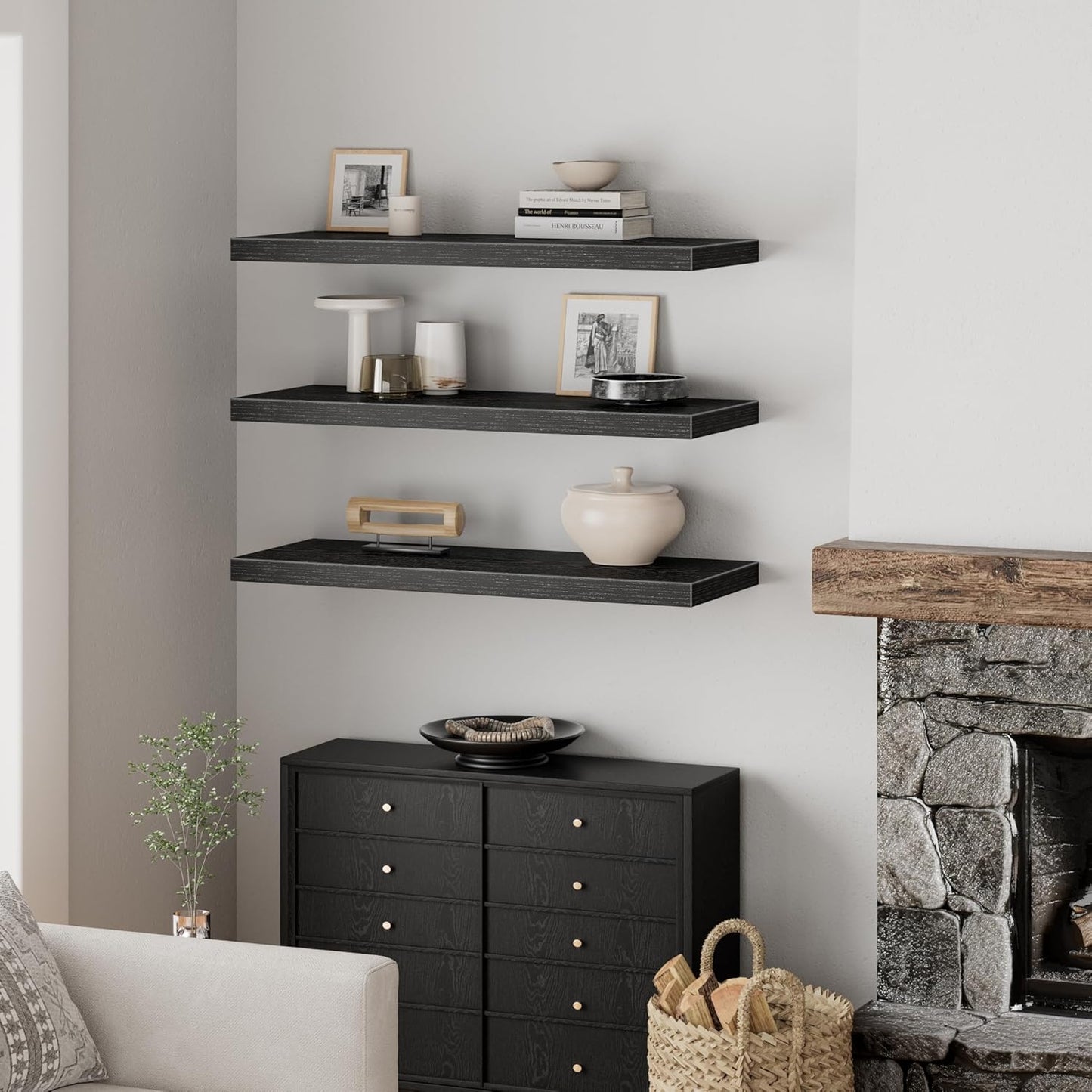 QEEIG 12" Deep Floating Shelves - Set of 3 Black Bookshelves for Bathroom, Bedroom, Kitchen & Living Room