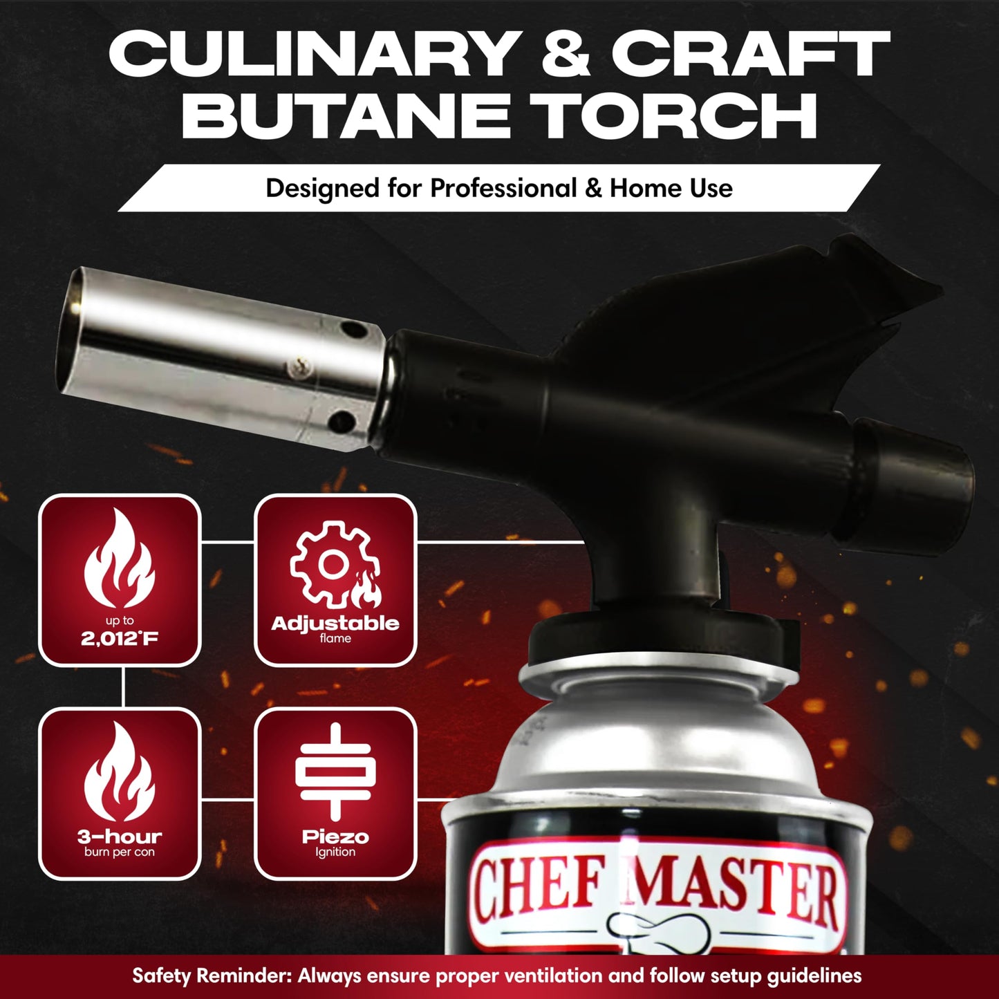 Chef's Torch, Kitchen Torch, Cooking Torch, Refillable Butane Torch Lighter w/ Adjustable Flame for Searing Steaks, Creme Brulee, Desserts, BBQ, Baking, Craft by Chef Master 90014(Butane Not Included)