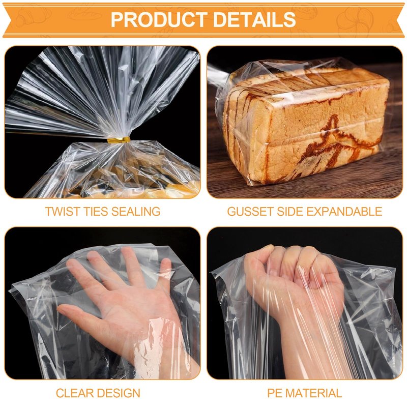 vivinin 70 Pack Bread Bags & 100 Pack Ties, 8" x 4" x 18" Clear Bread Bags for Homemade Bread, Reusable Plastic Bread Storage Bags for Bakers, Bakery Owners