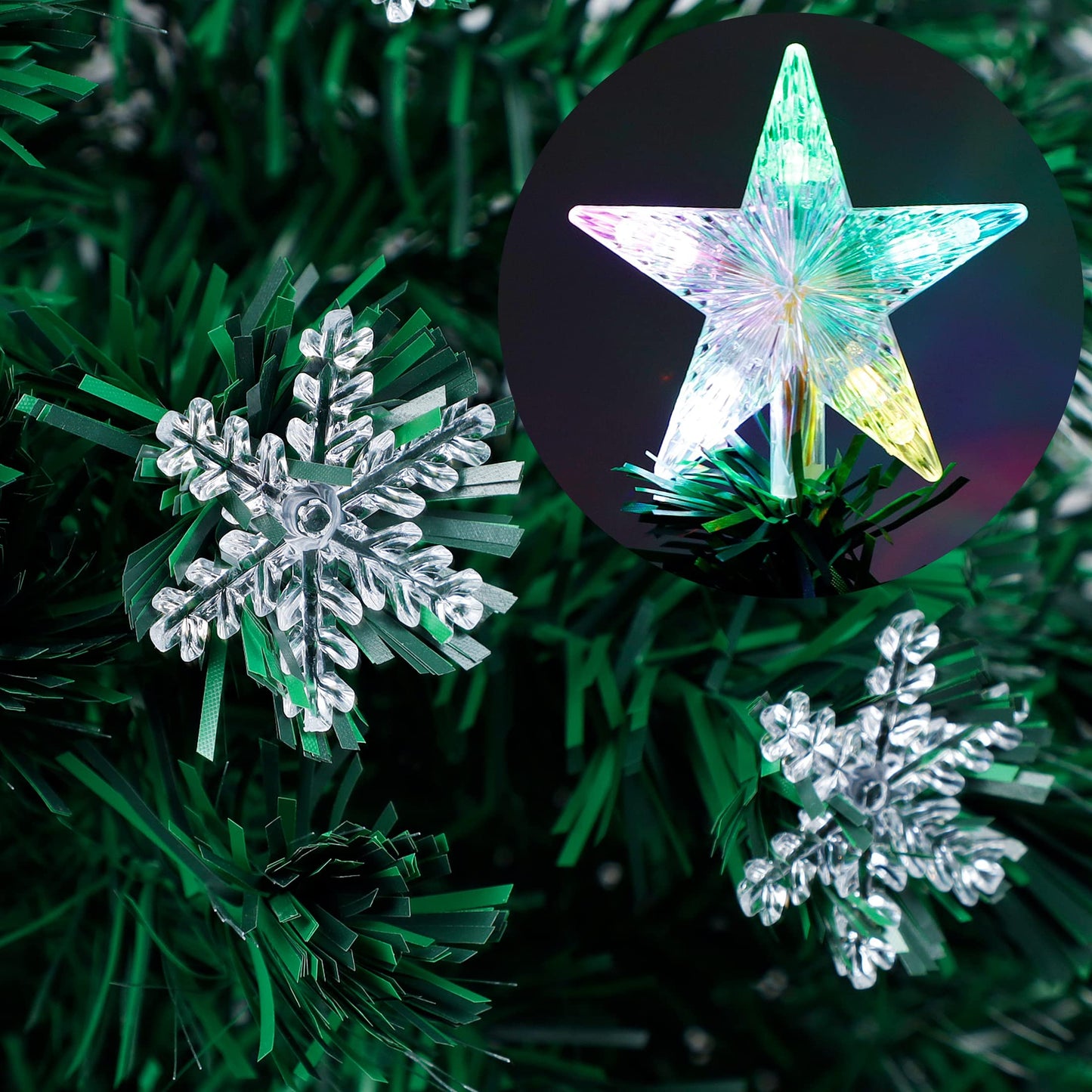 Juegoal 4 ft Pre-Lit Artificial Christmas Tree, Lighted Optical Fiber Xmas Trees with RGB Color Changing LED Lights, Snowflakes & Top Star, Festive Party Holiday Fake Multicolored Tree with Metal Legs