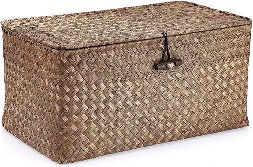 Hipiwe Wicker Shelf Baskets - Handwoven Seagrass Storage Bins with Lid | Medium Coffee Color
