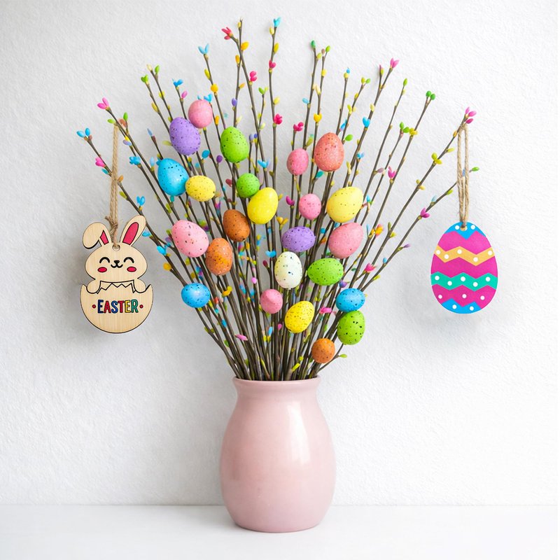 KENJOVIVO Artificial Easter Spray Vine with Pastel Easter Eggs and Berries, Wooden Eggs, Wood Rabbit & Happy Easter Ribbon, Easter Egg Twig Branches for Spring Floral Stems Home Decoration