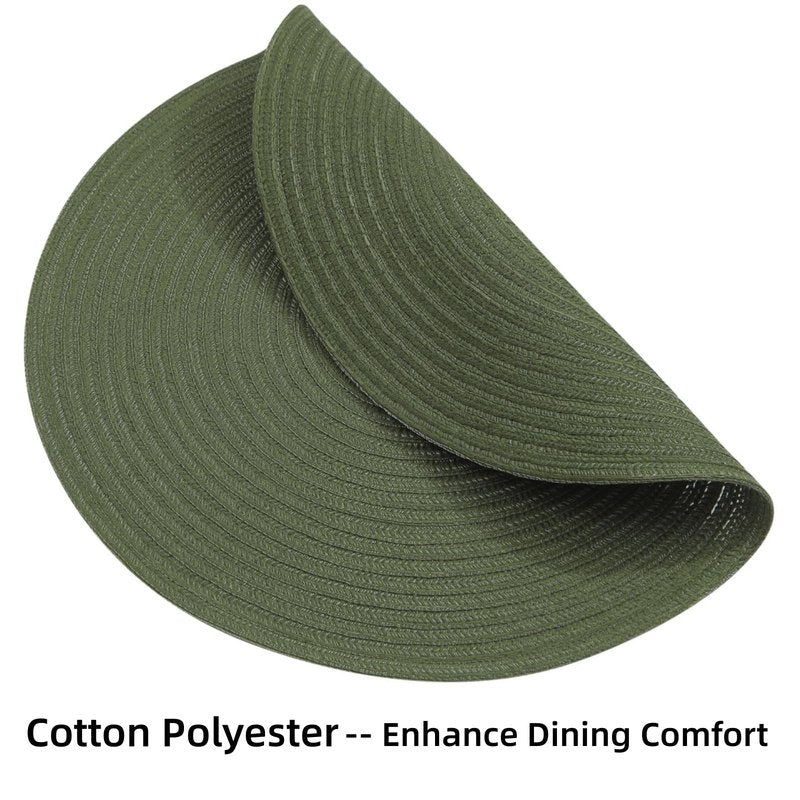 SHACOS Round Placemats Set of 12 Washable 15 inch Round Table Mats Cotton Polyester Woven Braided Place Mats for Dining Table Wedding Party Decor (Olive Green, 12)