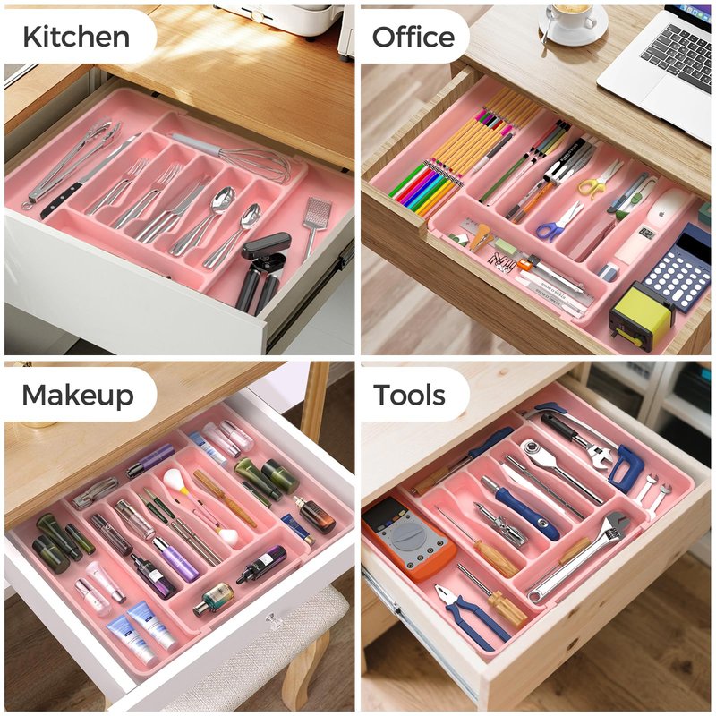 ukeetap Extra Large Expandable Silverware Organizer, BPA-Free Food-Safe Cutlery Flatware Organizer, Kitchen Utensil Drawer Organizer, Adjustable Silverware Holder for Spoons Forks Knives, Pink