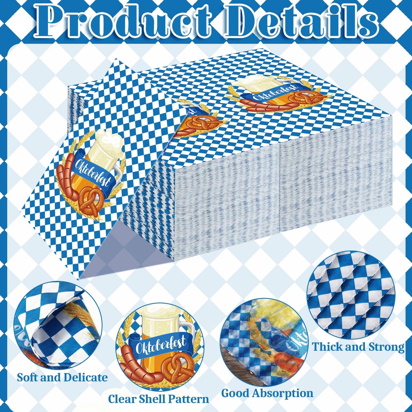 Crtiin 200 Pieces Oktoberfest Paper Napkins Disposable Blue and White Bavarian Flag Check Luncheon Decorative Paper Napkins for Beer Theme Oktoberfest Decoration Party Supplies
