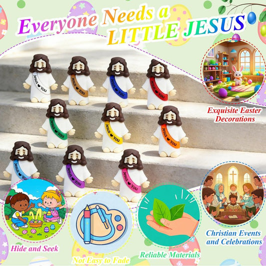 60 Pcs Little Jesus Figures Easter Mini Rubber Toys to Hide and Seek, Pocket Jesus Loves You Miniatures Religious Party Favors Baptism Gifts Sunday School Easter Egg Stuffers (10 Color_60)