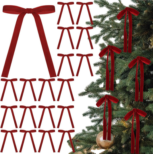 Skiennix 24 Pcs Velvet Bows - Vintage Ribbon Bows for Christmas Tree & Crafts | Dark Red, 5 x 7 Inch