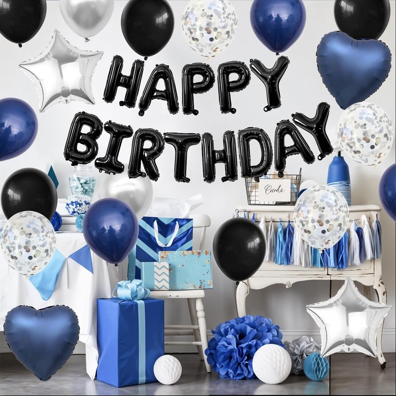 Navy Blue and Black Birthday Decorations for Men,Blue Black White Balloons Happy Birthdays Balloon Banner Silver Confetti Balloons for Men Boy Girls Women Adults Birthday Party Decorations