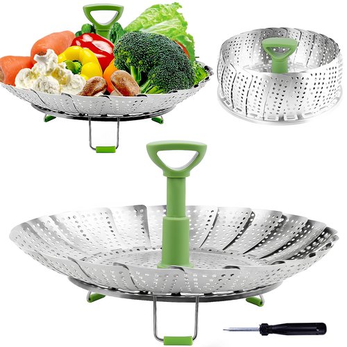 Consevisen Vegetable Steamer Basket for Cooking Food, Stainless Steel Veggie Steam Basket for Pot, Folding Expandable Steaming Insert with Extendable Handle Fits Various Size Pot, 6.4" to 10"