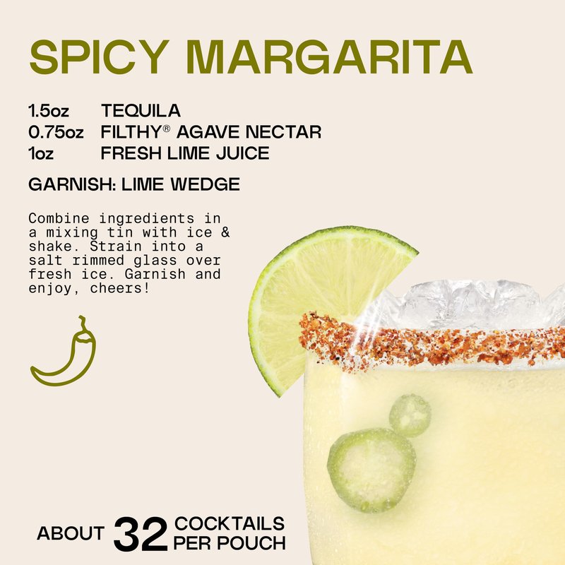 Filthy Spicy Agave Nectar All Natural Cocktail Mixer - Organic, Cocktail-Ready Agave Made With 100% Organic Blue Weber Agave - For Use in Margaritas and Your Favorite Cocktails, 32 oz Pouch, 1 Pack