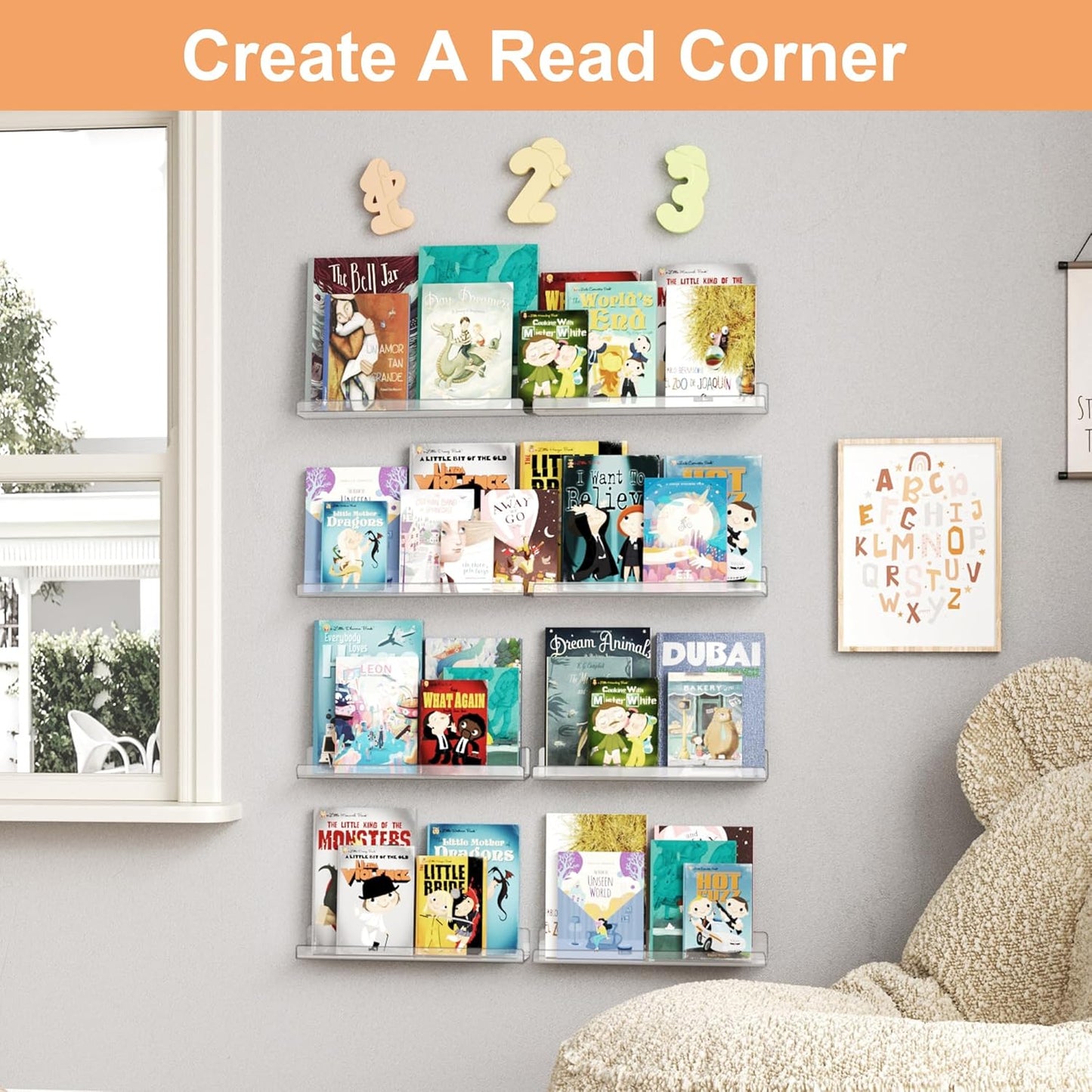 Upsimples 8 Pack Acrylic Wall Shelves - Clear Display Shelf for Toys, Perfume & Books | 15" Organizers