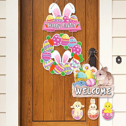 Easter Egg-Bunny Home Front-Door Hanger-Decor - 4pcs Pastel Rainbow Birthday Paper Signs Banners, Happy Easter Spring Wall Hanging Indoor Decorations Lasting Surprise