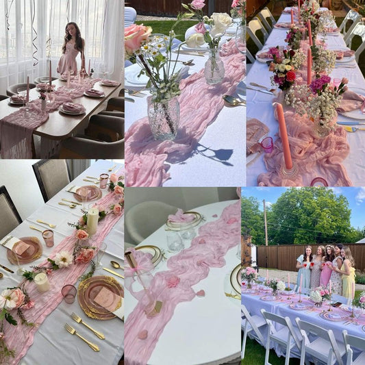 13.3FT TuTive Light Pink Cheesecloth Table Runner Boho Gauze Cheese Cloth Runner Sheer Table Runner Summer Wedding Dining Decorations for Holiday Birthday Baby Shower Event Table Decorations for Party