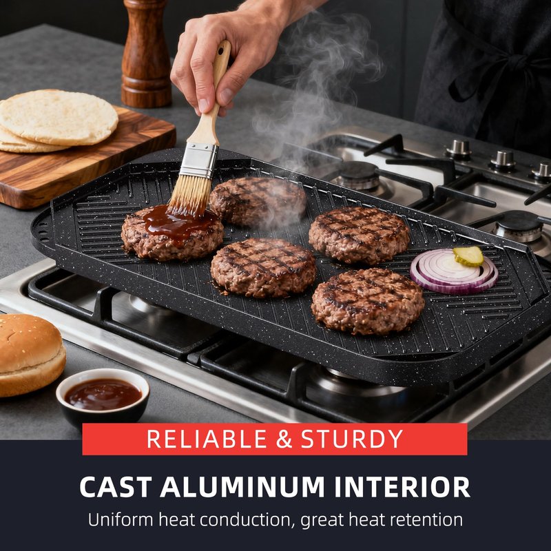 Caannasweis Nonstick Griddle Grill Pan, 19.5" x 11" Reversible Griddle Pan for Stove Top, Grill, or Campfire, Two Burner Cast Aluminum Grill, Rectangular Baking Flat and Ribbed Griddle Plate