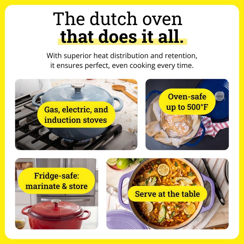 Lodge Essential Enamel Cast Iron Dutch Oven - Perfect for Bread Baking, Braising, Marinating & Slow Cooking - Features Moisture-Sealing Lid & Dual Handles - Kitchen Essentials - 6 Quarts - Pumpkin
