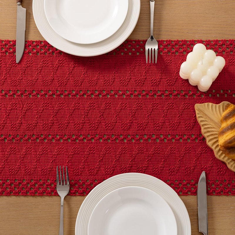 Socomi Boho Table Runner Macrame Long Summer Farmhouse Woven Cotton Linen Rustic Coffee Table Runner with Tassels for Dresser Scarf Home Decor Dining Room 12x108 in Red