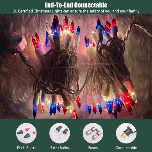 HISHINY Red White Blue 4th of July Patriotic Decorations Lights 100 Count Mini String Lights with White Wire for Outdoor Indoor Christmas,Holiday,Party, Independence Day Decor,UL Certified (21feet)