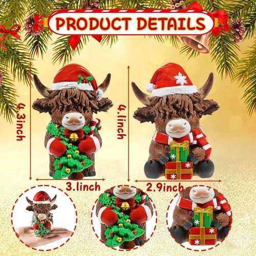 Exasinine Highland Cow Figurines - Festive Christmas Decor with Santa Hat & Candy Cane | 2 Pcs for Home & Office
