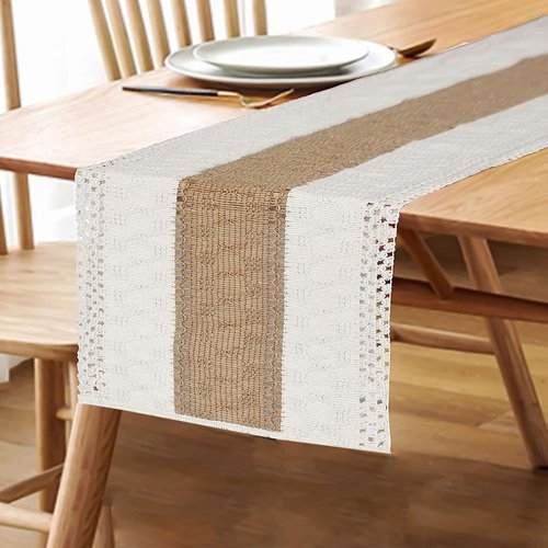 FEXIA Boho Table Runner 36 Inches Long(Without Tassel) Thanksgiving Farmhouse Home Decor Rustic Cream & Brown Macrame Table Runner for Dining Bedroom Decor(12x36 Inches)