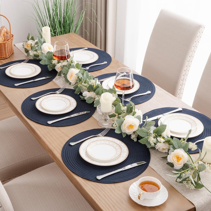 SHACOS Round Placemats Set of 4 Washable 15 inch Round Table Mats Cotton Polyester Woven Braided Place Mats for Dining Table, Navy