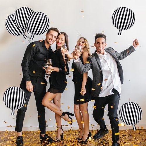 Jobkoo Black and White Striped Balloons 18 Inch Striped Mylar Foil Balloons Round Halloween Aluminum Helium Balloon for Halloween Birthday Baby Shower Party Decorations
