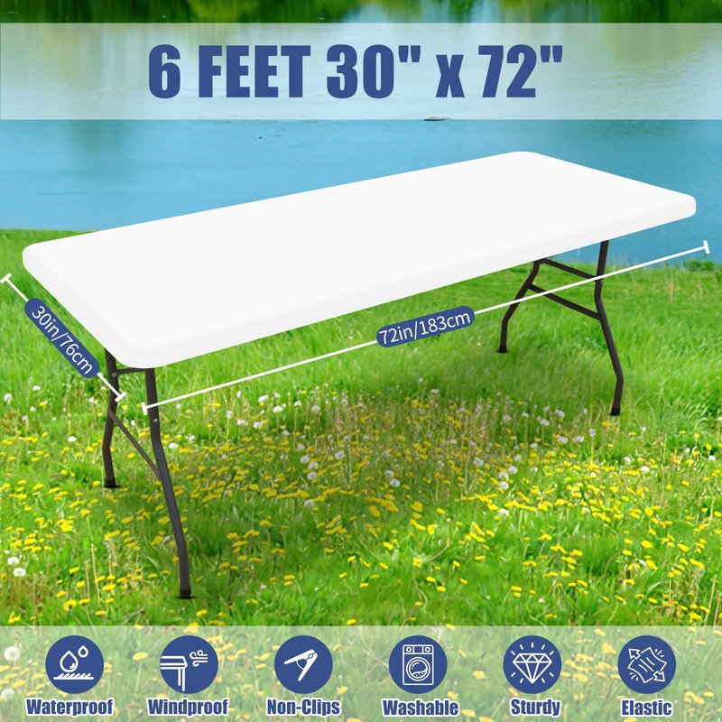 Moosfor Spandex 6 Foot Rectangle Table Cloth 2 Pack, Elastic Fitted Tablecloths for Picnic, Stretch Washable Patio Table Cover for Outdoor, Camping, Banquet and Parties (White, 30"x72")