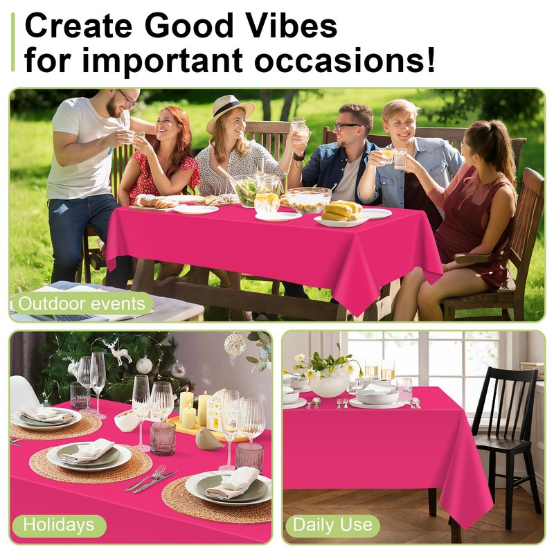 QIKSION Hot Pink Plastic Table Cloth Disposable 2 Pack, 54 x 108 Inch Tablecloths for Birthday Party, Valentines, Mothers Day Decorations, Rectangle Table Cover